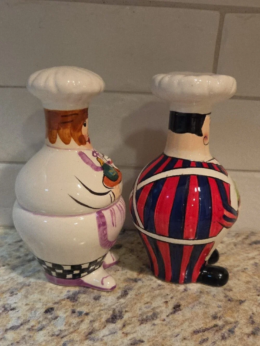 Whimsical Chef Salt and Pepper Shakers - White with Purple & Red Accents